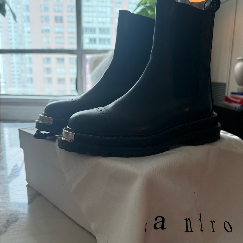 Sandro Black Leather Combat Boots with Silver Toe Hardware - Picture 2 of 6